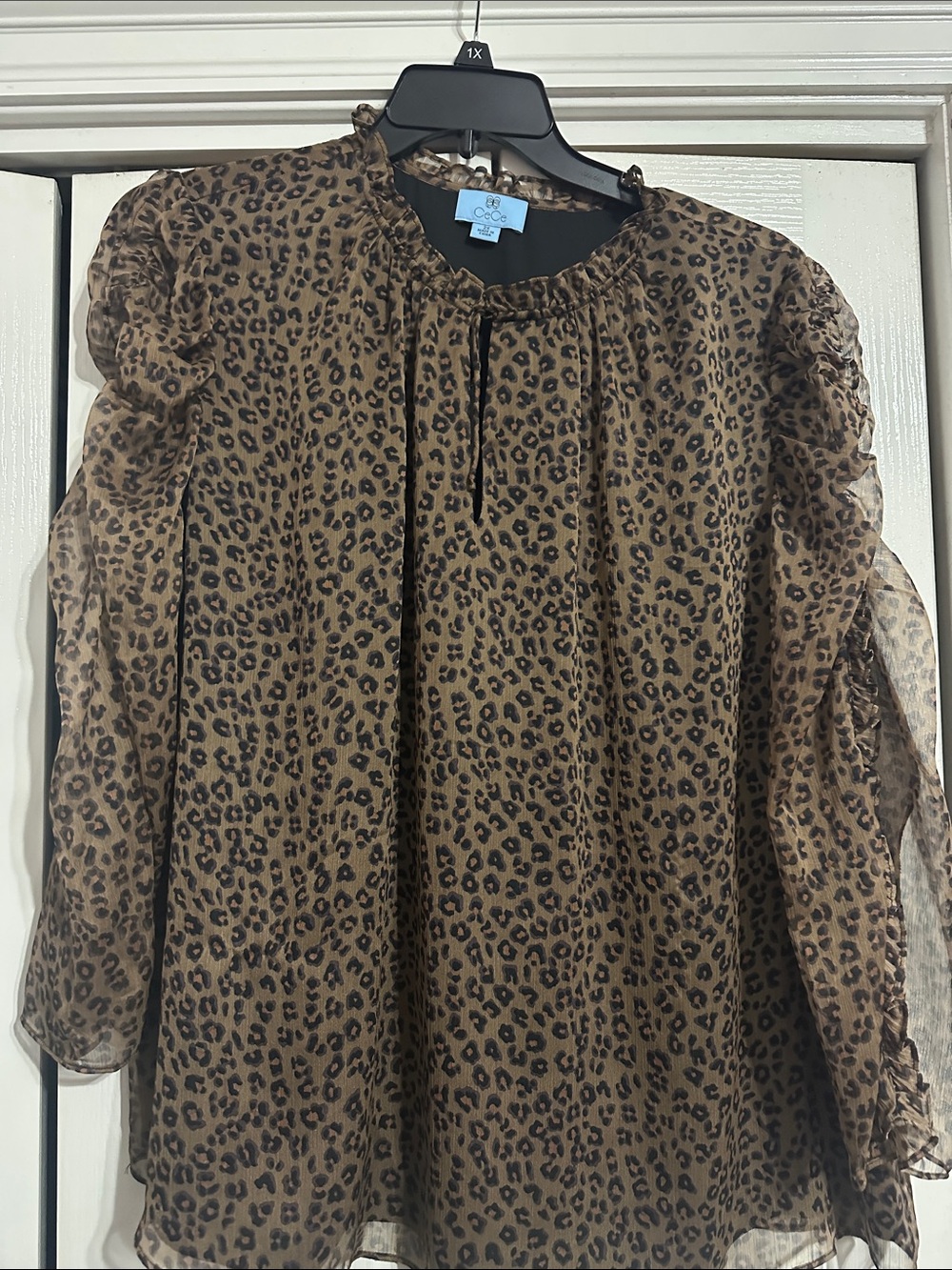 CeCe Brown Leopard Print Sheer Ruffle Sleeve Blouse